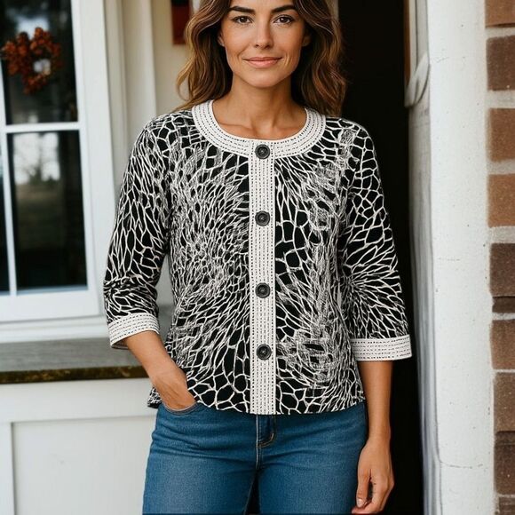 Chicos Sequin Shirt Jacket Blazer Black White Flowers Sz Small 0 Button Front. - Picture 16 of 16